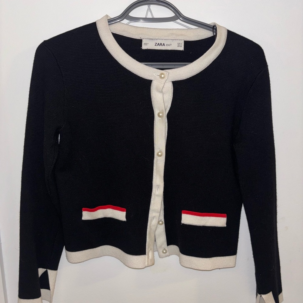 Zara Women's Black Cardigan with White and Red Accents & pearl buttons